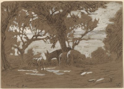 Mt. Colognola - Schapen grazen aan het meer van Trasimeno door Elihu Vedder