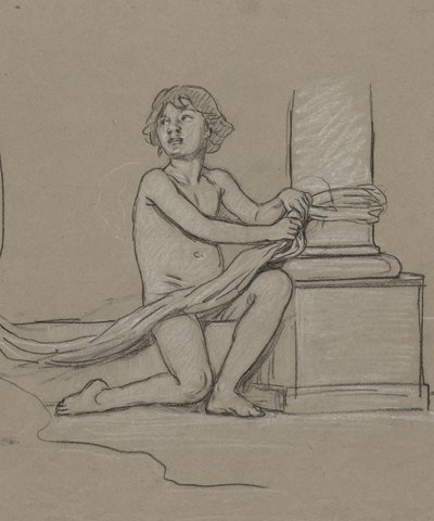 Studie voor Jonge Jongen Hurkend Naast Kolom door Elihu Vedder