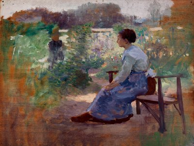 Vrouw zittend in een tuin door Eliphalet Fraser Andrews