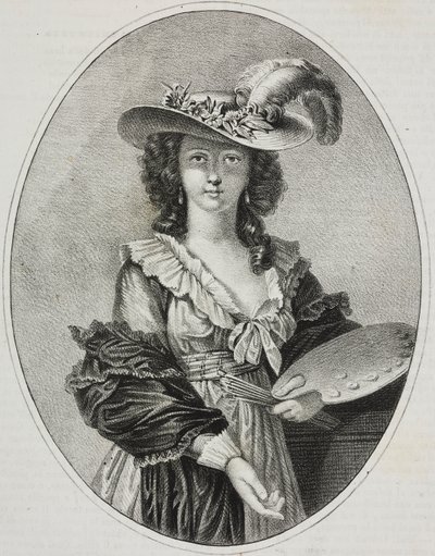 Zelfportret met palet, door Franse schilder Elisabeth Vigee Le Brun, lithografie door Giovanni Mariani uit Poliorama Pittoresco, nr. 42, 28 mei door Elisabeth Louise (after) Vigee Lebrun