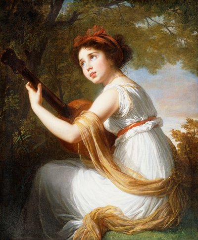 Portret van de dochter van de kunstenaar, zittend, driekwart lengte, gitaar spelend door Elisabeth Louise Vigee Lebrun