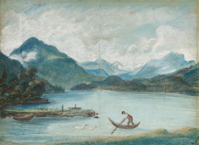 Uitzicht op het Meer van Genève met een man die een kleine boot roeit en twee zwanen door Elisabeth Louise Vigee Lebrun