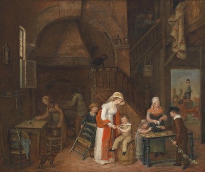 Bezoek bij de taartenbakker, (op de tafel) onduidelijk gesigneerd, gedateerd M. E. De Latour 1822 door Elisabeth Marie De Latour