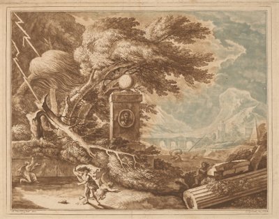 Heroïsch stormachtig landschap door Elisha Kirkall, after Jan van Huysum