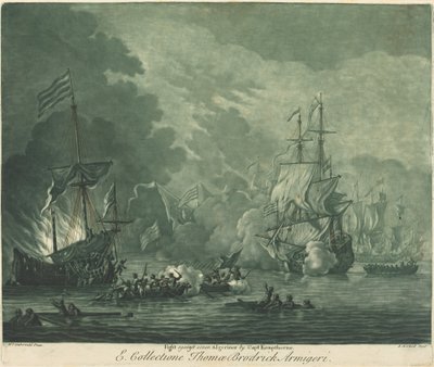 Gevecht tegen zeven Algerijnen door Elisha Kirkall after Willem van de Velde the Elder