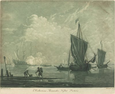 Scheepvaartscène uit de Collectie van Alexander Nisbit door Elisha Kirkall after Willem van de Velde the Elder