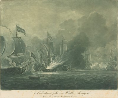 Scheepvaartscène uit de Collectie van John Hadley door Elisha Kirkall after Willem van de Velde the Younger