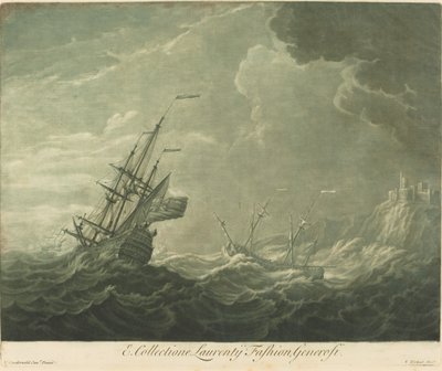 Scheepvaartscène uit de Collectie van Lawrence Fashion door Elisha Kirkall after Willem van de Velde the Younger