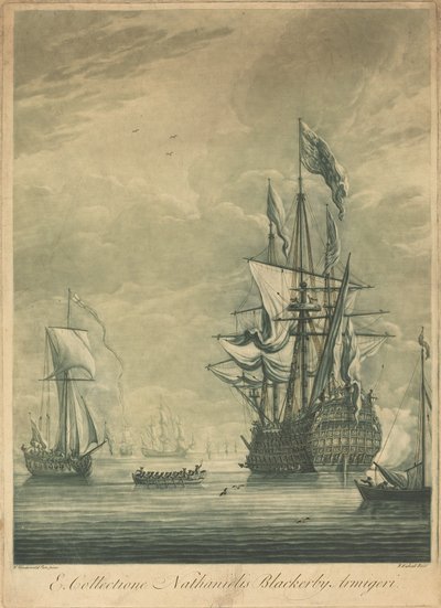 Scheepvaartscène uit de collectie van Nathaniel Blackerby door Elisha Kirkall after Willem van de Velde the Younger