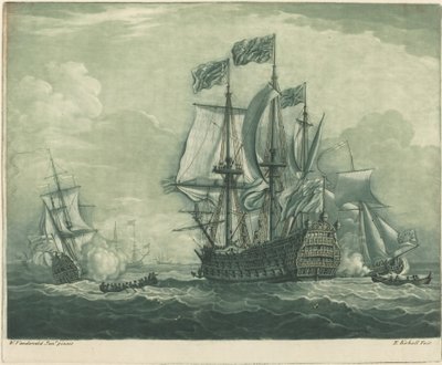 Scheepvaartscène met oorlogsschip door Elisha Kirkall after Willem van de Velde the Younger