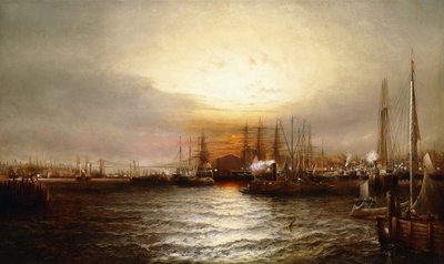 Zonsopgang vanaf Chapman Dock en Oude Brooklyn Navy Yard, East River, New York door Elisha Taylor Baker