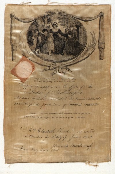 Lidmaatschapsbewijs van het Vrouwelijk Liefdadigheidsgesticht door Eliza Cox Akin