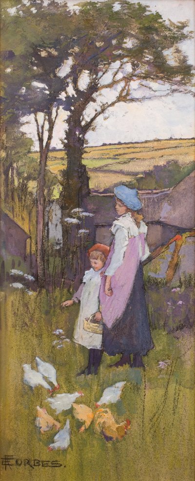 De kippen voeren (Pastel en aquarel op board) door Elizabeth Adela Stanhope Forbes