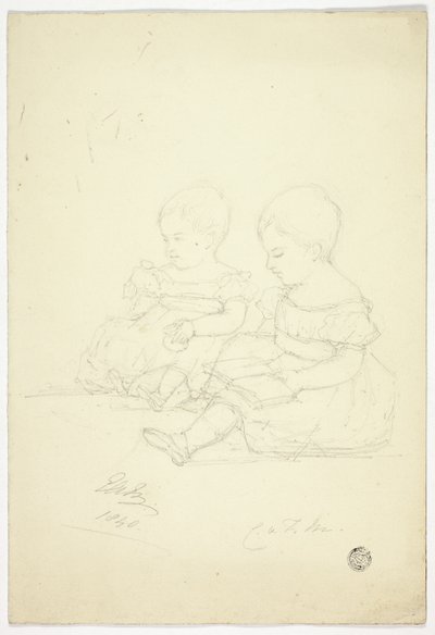 Twee zittende babymeisjes (recto), een stilleven, en twee dieren (verso) door Elizabeth Murray