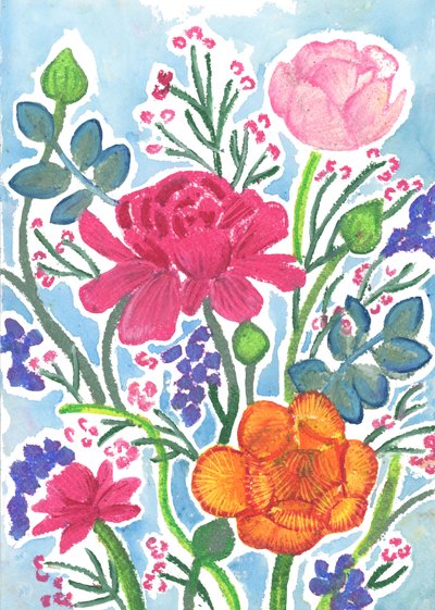 Ranonkels, 2018 (oliepastel) door Elizabeth Rider