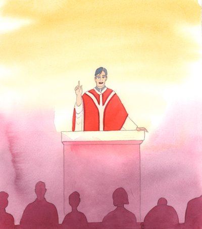 Een goede priester voelt zich bevoorrecht om gewijd te zijn, heeft ontzag voor de liefde van Christus, gelooft alles wat de Kerk leert, moppert nooit over zijn werk, wil graag de waarheid doorgeven, is onbevreesd in het preken, vertelt , 2005 (aquarel op p door Elizabeth Wang
