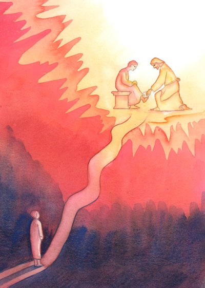 Een persoon die, uit liefde voor God, haar naaste liefheeft en dient, loopt een moeilijke weg naar de hemel, met steile beklimmingen door Elizabeth Wang
