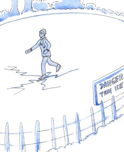 Een persoon die een waarschuwing niet heeft gezien en die op het dunne ijs schaatst, kan onschuldig zijn, maar loopt nog steeds gevaar door Elizabeth Wang