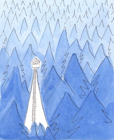 Een boswachter in een uitkijktoren leeft in een oase van licht te midden van een somber, koud, donker landschap door Elizabeth Wang