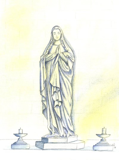 Een standbeeld van de Heilige Maagd Maria door Elizabeth Wang