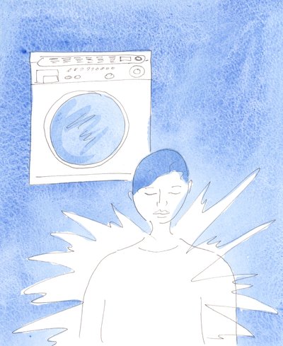 Het interieur van een wasmachine blijft helder en glanzend door de beweging van de kleding erin, bij frequente wasbeurten door Elizabeth Wang