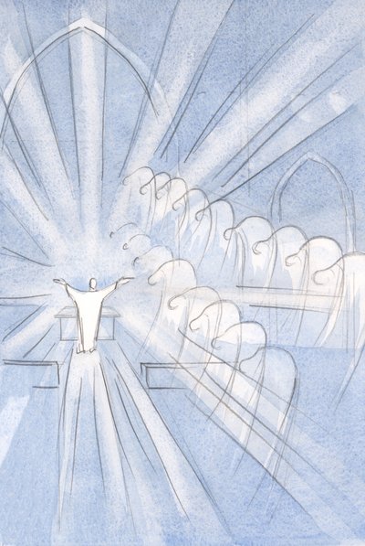 Engelen en heiligen buigen diep, aanbiddend, bij Christus