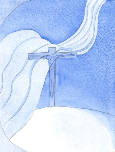 Terwijl Christus Zijn Bloed uitstort in een Nieuw Verbond, waait een grote kwaadaardige wind over het Kruis, dreigend en vernietigend door Elizabeth Wang