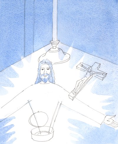 Zodra de pyxis werd geopend, en ik Jezus aanbad, Echt Aanwezig in het Heilig Sacrament, werd mij het vreugdevolle gezicht van Jezus Zelf getoond, die zijn armen uitstrekt om mij te begroeten door Elizabeth Wang
