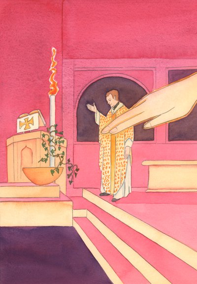 Toen de priester zijn hand uitstak om het water in het doopvont te zegenen, met Pasen, strekte God de Vader Zijn hand uit en raakte het water aan door Elizabeth Wang