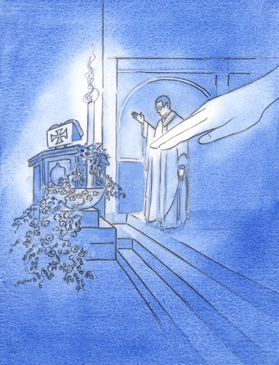 Toen de priester zijn hand uitstak om het water in de doopvont te zegenen, stak God de Vader Zijn hand uit en raakte het water aan door Elizabeth Wang