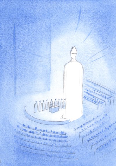 In het centrum van de basiliek van het Knock-heiligdom zag ik Jezus tijdens de Heilige Mis; Hij straalde van licht, met een mijter op zijn hoofd door Elizabeth Wang