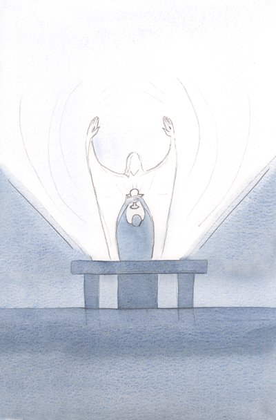 Bij de offerande pleitte Christus namens ons, met uitgestrekte armen naar de Vader. door Elizabeth Wang