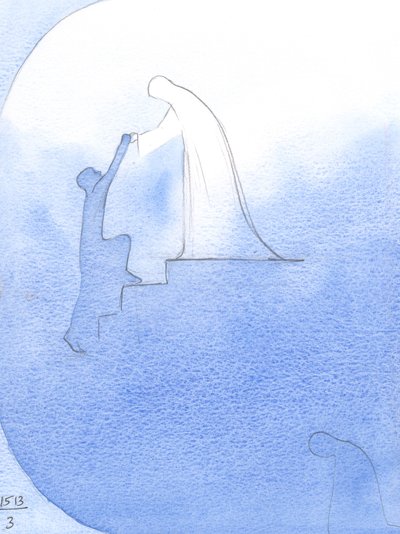Biddend om hulp voor een overleden ziel, zag ik Onze Lieve Vrouw haar handen uitstrekken, leunend over de 