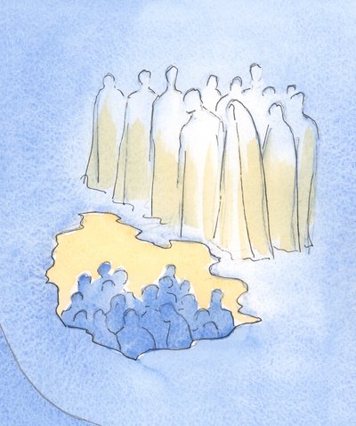 Christus en zijn heiligen in de hemel kijken met grote tederheid neer op zijn vrienden op aarde die mediteren over zijn lijden door Elizabeth Wang