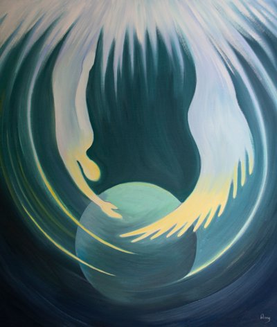 Christus en de Heilige Geest zijn als twee armen van de Vader die de Aarde omarmen. door Elizabeth Wang