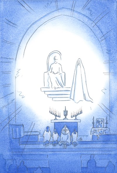 Christus is verheven boven ons, in glorie, bij onze Novene en Zegen, wat als een hemels feest is. Onze moeder Maria staat vreugdevol dichtbij door Elizabeth Wang