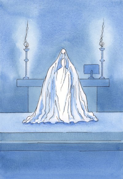 Christus is werkelijk aanwezig, maar het is alsof een sluier Hem aan onze blik onttrekt. door Elizabeth Wang