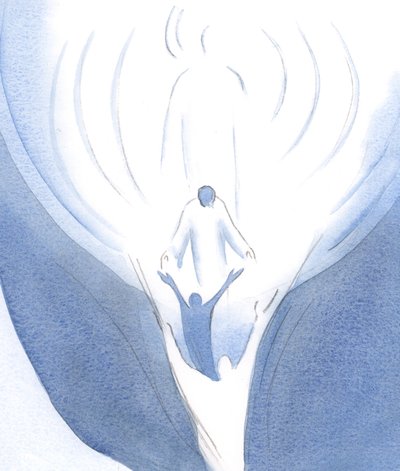 Christus leunt uit de Hemel en trekt ons, met de kracht van de Heilige Geest, naar het hart van God. door Elizabeth Wang