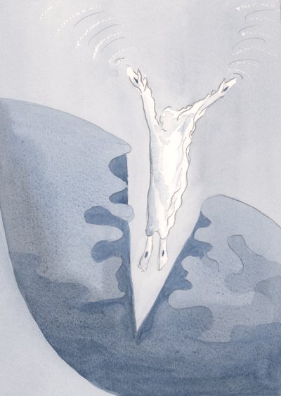 Christus springt liefdevol in de angstaanjagende donkere diepten van onze harten. door Elizabeth Wang
