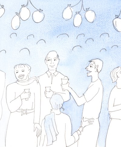 Christus kijkt met vreugde toe wanneer we het leven of goed nieuws vieren door voedsel en drank te delen met vrienden, op een feest, in oprechte wederzijdse vreugde, met een verlangen om vreugde te geve door Elizabeth Wang