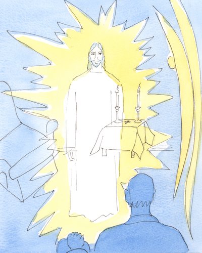 Christus onze God die regeert in Eeuwige Glorie, is Echt Aanwezig in het Heilig Sacrament in de kerk, en in de huizen van de zieken die de Heilige Communie ontvangen door Elizabeth Wang