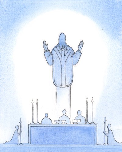 Christus onze verrezen Heer was Aanwezig boven het altaar, alsof Hij uit het graf opstond, Zijn handen opgeheven naar de Vader, bemiddelend voor ons die in Hem geloven, onze Hogepriester door Elizabeth Wang