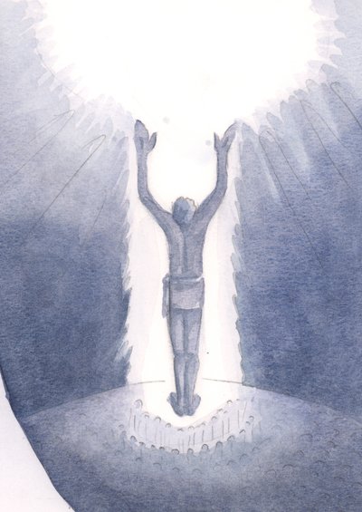 Christus staat onder ons tijdens de Mis en bidt voor zondaars door Zijn eens-voor-allen Offer aan te bieden door Elizabeth Wang