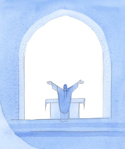 Christus staat bij het altaar, pleitend voor ons, met Zijn armen wijd open, pleitend voor Zijn volk, voor de levenden en de overledenen, en biedt onze gebeden aan als de Zijne door Elizabeth Wang