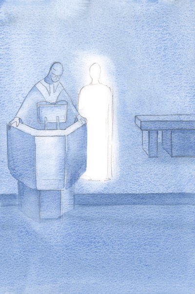Christus stond naast de priester die het Heilig Evangelie aan ons allen voorlas, wat Christus