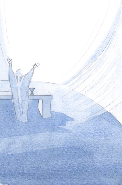 Christus ondersteunt Zijn Heilige Kerk op elk moment van haar leven, met uitgestrekte armen terwijl Hij Zijn Heilig Offer aanbiedt. door Elizabeth Wang