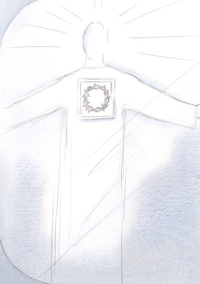 Christus de Hogepriester verschijnt in majesteit, Zijn gewaad draagt het beeld van de Doornenkroon. door Elizabeth Wang
