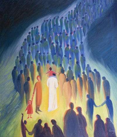 Christus wandelt onder zijn volk, met de pelgrims en de zieken, een kind op Zijn schouders door Elizabeth Wang