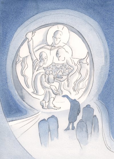 Christus verwelkomt de berouwvolle en gewillige ziel in het hart van de Heilige Drie-eenheid. "Zij die zich in Hem verbergen zullen niet veroordeeld worden" (Ps 33) door Elizabeth Wang