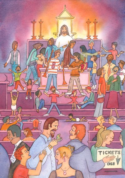 Vanuit het tabernakel kijkt Christus verdrietig toe, terwijl Hij ziet hoe Zijn heilige 